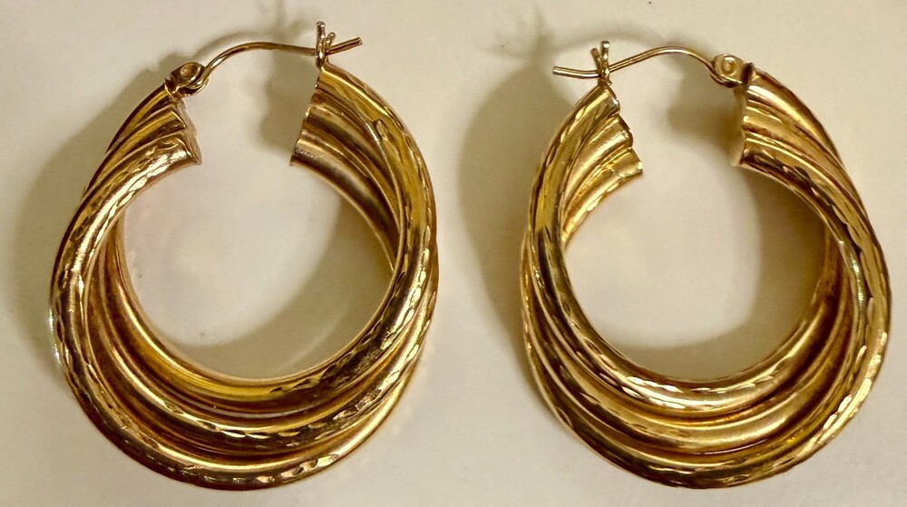 14K Yellow Gold Wide Multi Row Textured Hoop Earrings 5.4g D Marked